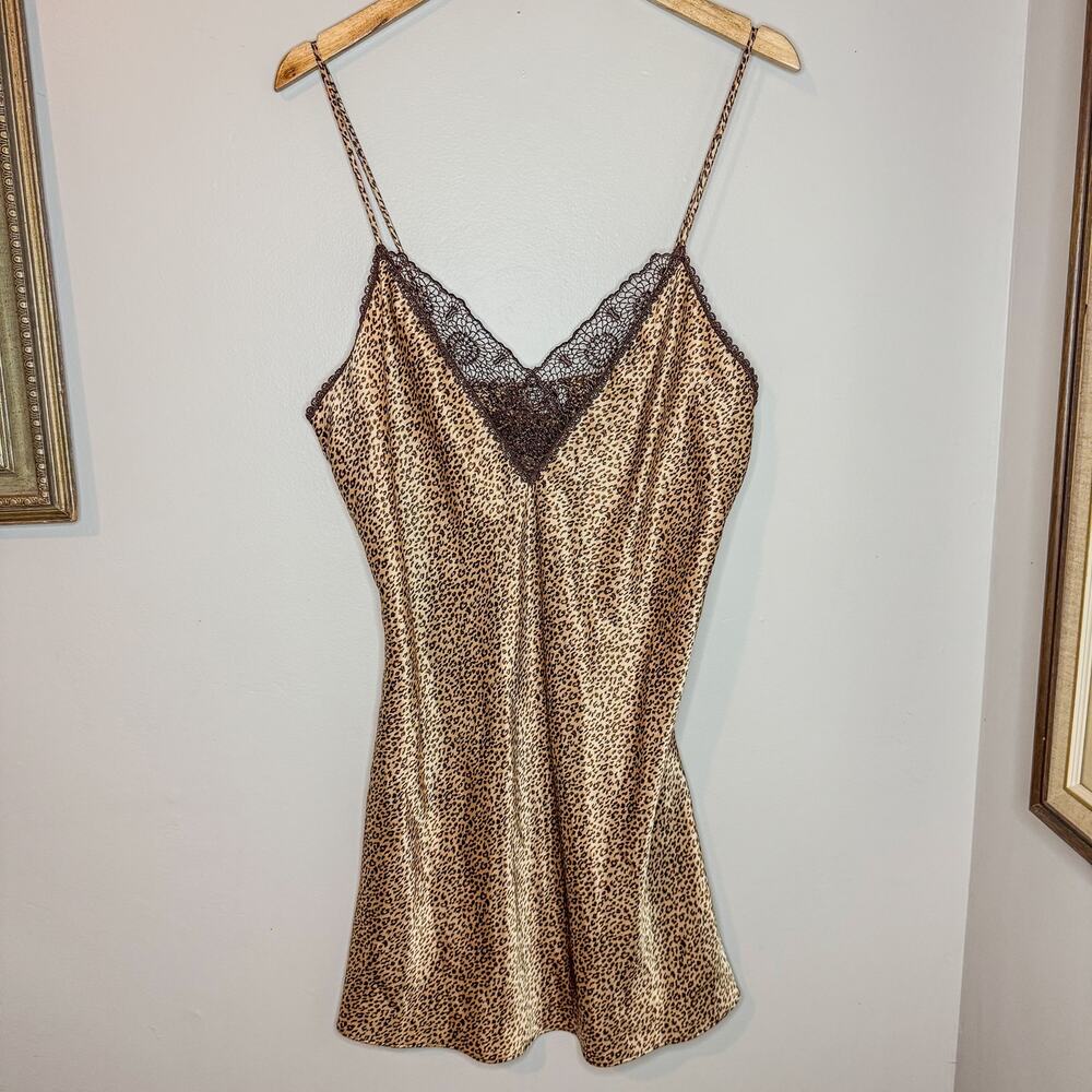 Vintage Cinema Etoile Leopard Satin Lace Trim Chemise Slip Dress L Y2